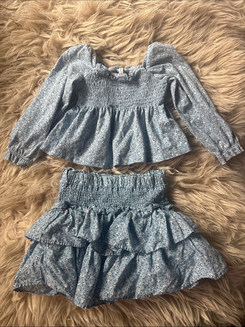 Janie and Jack Light Blue Floral Tiered Smocked Skirt & Shirt set.